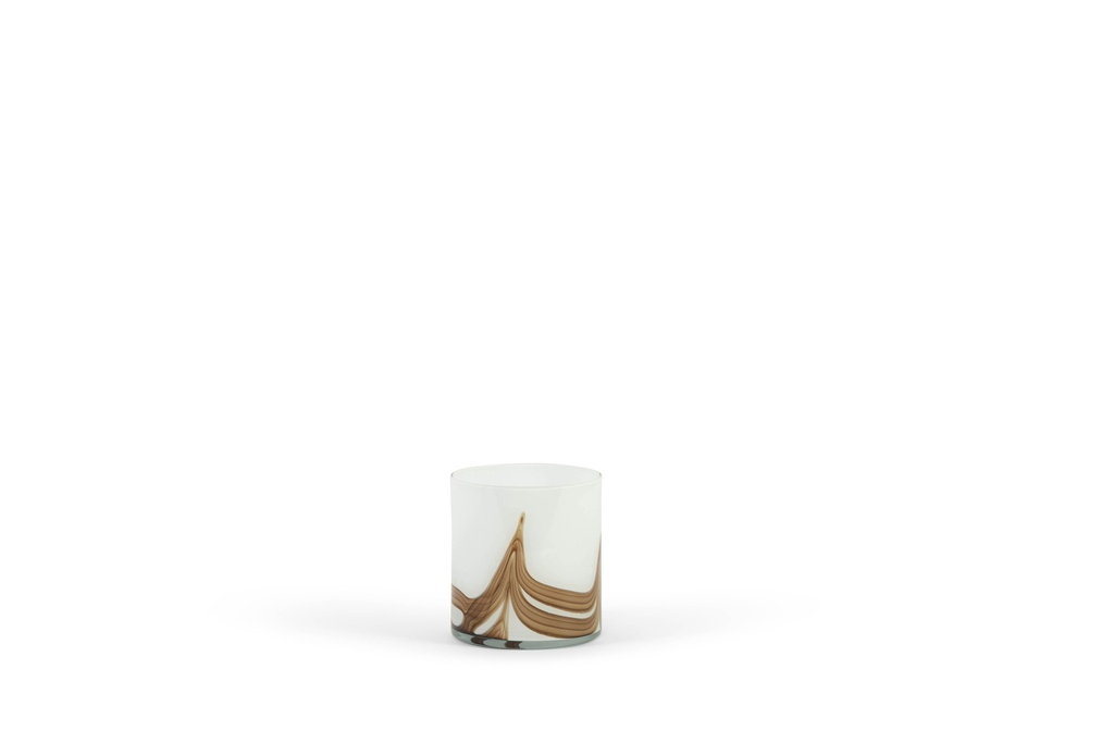Thick votive cylinder Waves - glass - white brown - Ø 14x15cm - p/4