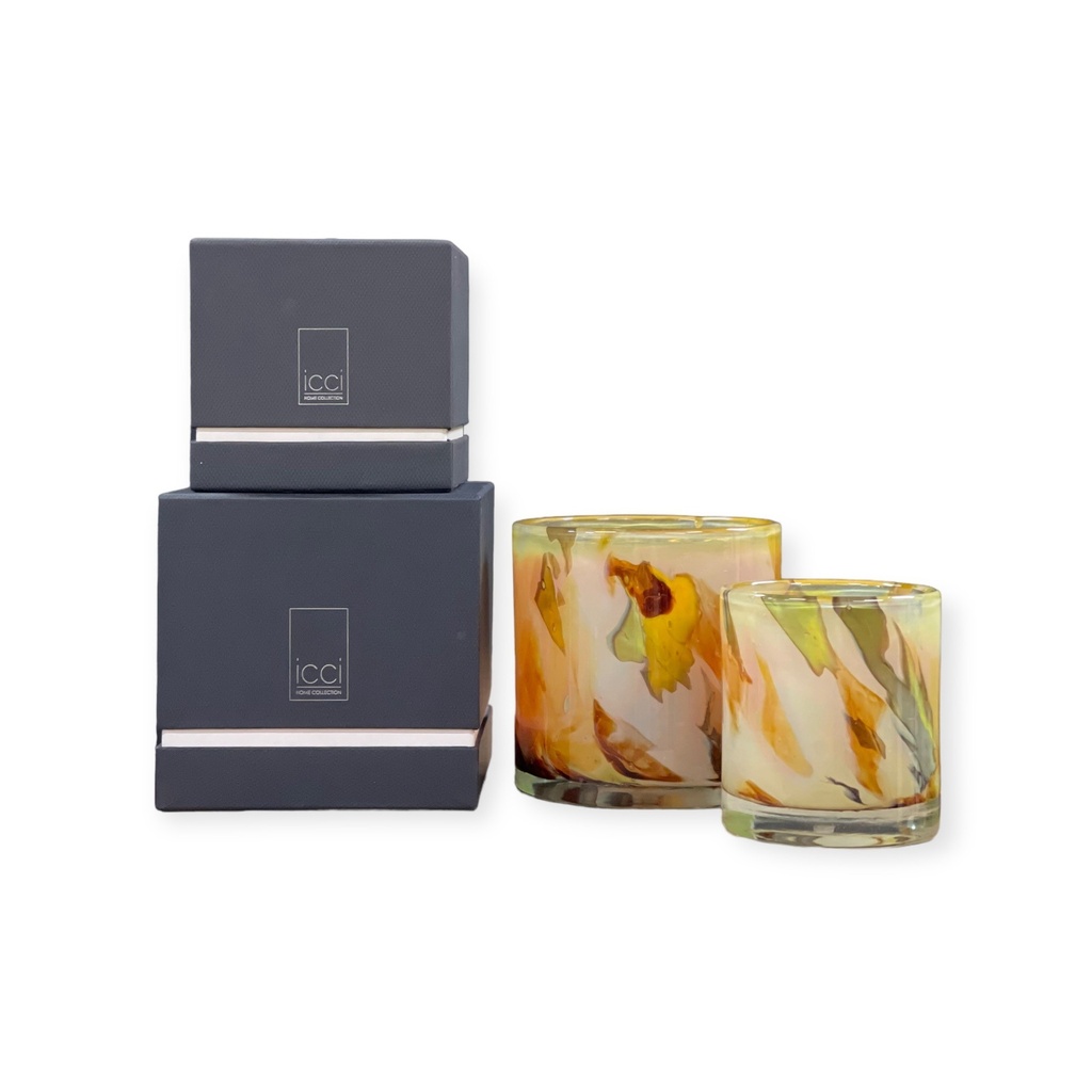 Scented candle cylindrical votive yellow green flames - Ø 14x15cm - 3 - int. cot. - p/4