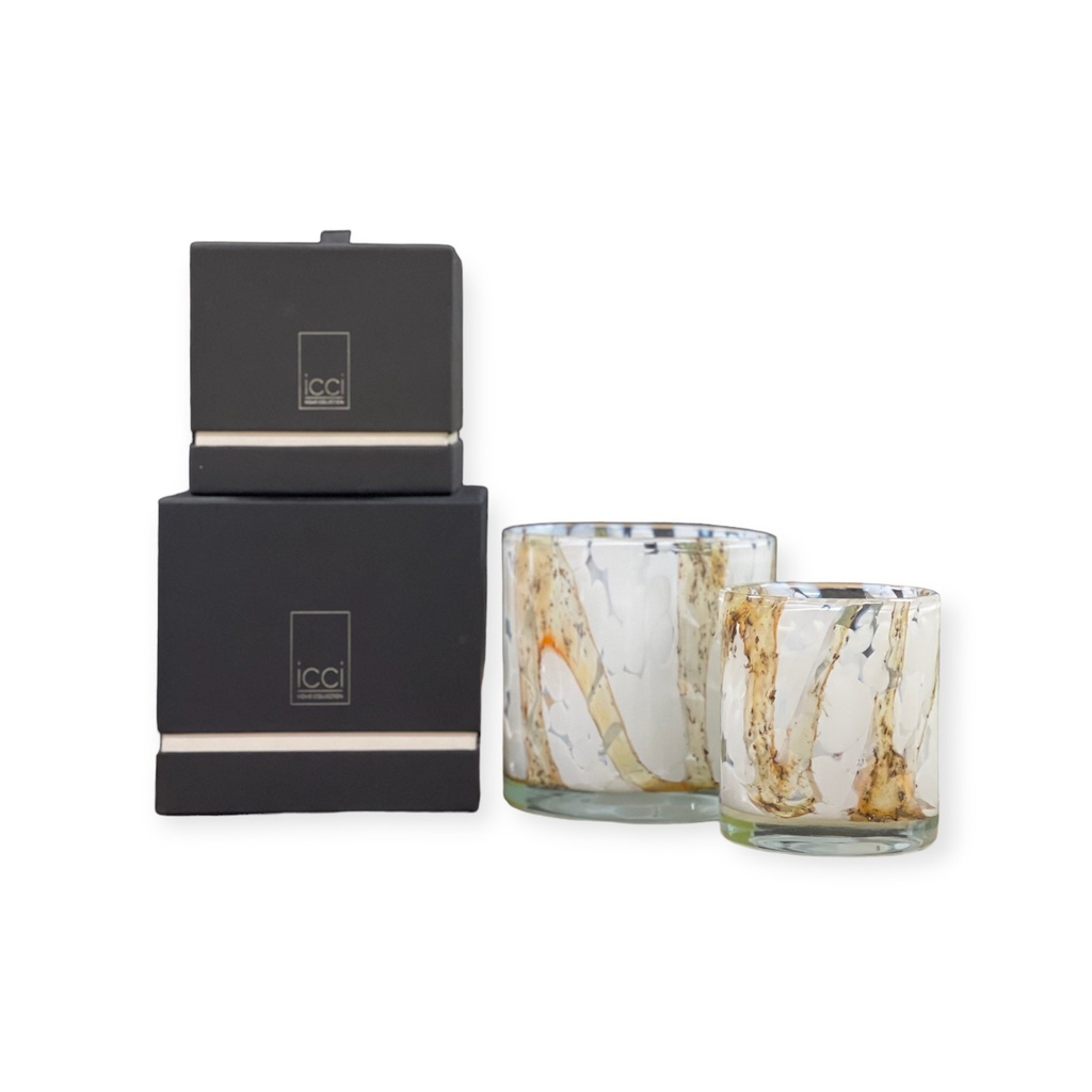 Scented candle cylindrical votive white spots & amberbrown lava - Ø 14x15cm - 3 - int. cot. - p/4